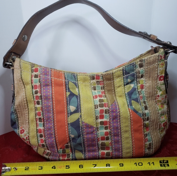 Fossil Leather Patchwork Fabric Handbag Shoulder Bag READ DESCRIPTION - Picture 3 of 10